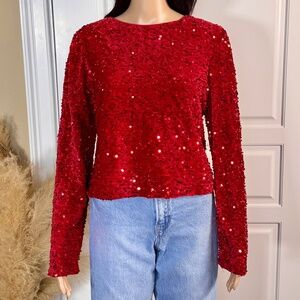 RED SEQUIN LONG SLEEVE CROP TOP